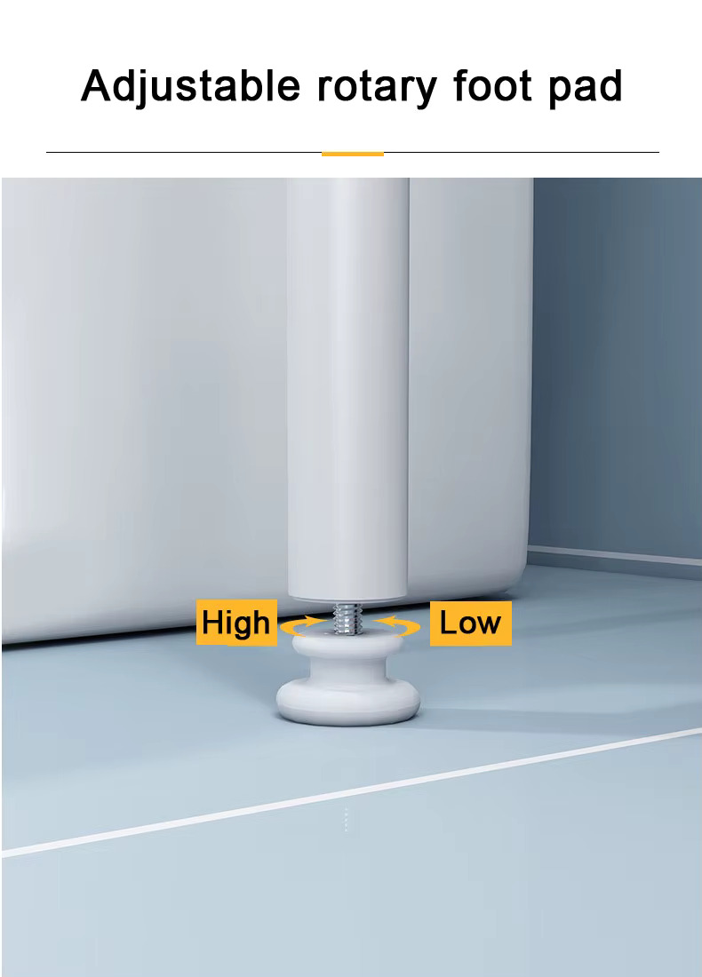 Adjustable rotary foot pad, turned high or low to level the rack