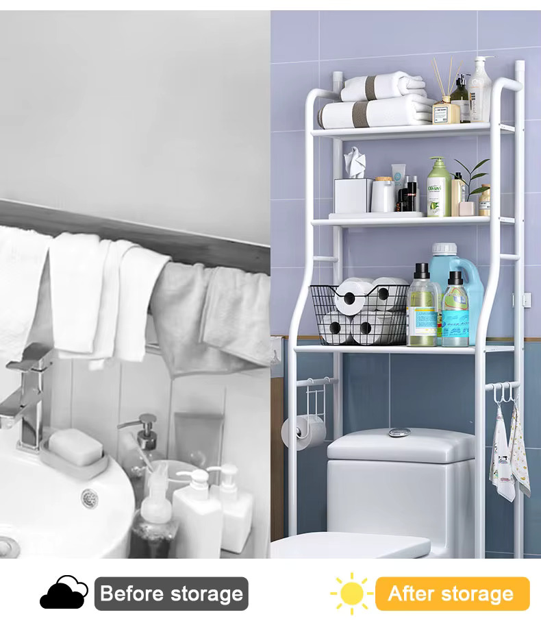 Bathroom before and after storage: a cluttered bathroom next to the white 3-shelf over-toilet rack holding towels, baskets and bottles