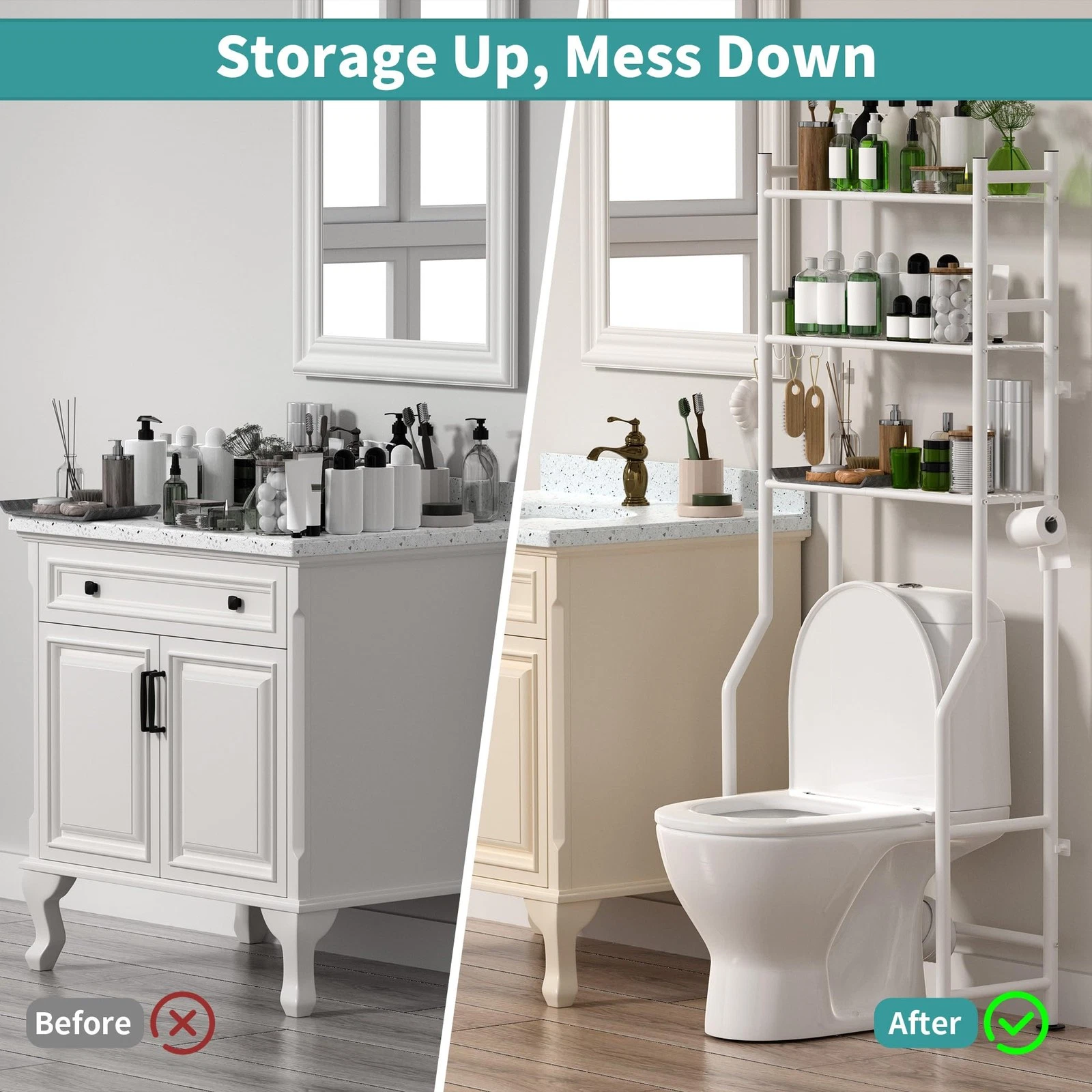 Storage up, mess down: a white over-toilet rack above the toilet, before and after, in a bathroom with a vanity