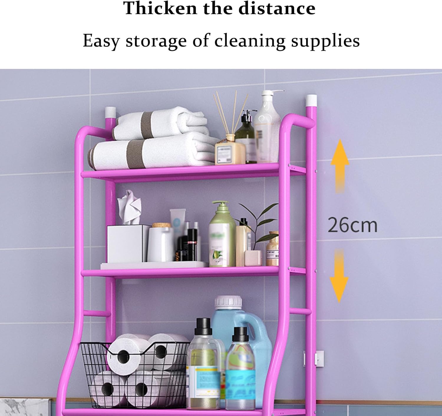Three rack shelves, 26 cm deep, holding towels, bottles and cleaning supplies